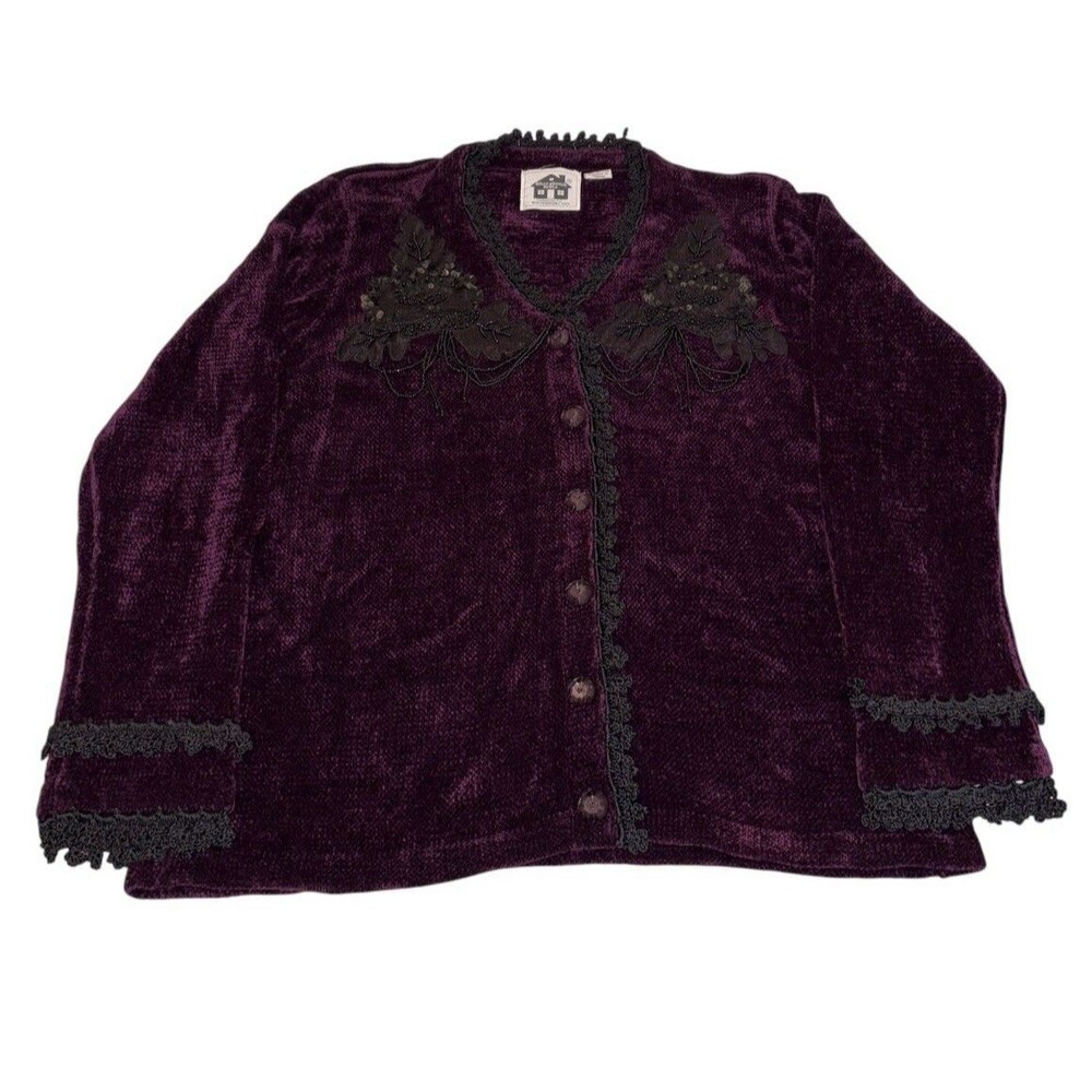 Storybook Knits Cardigan Womens M Purple Whimsigoth Gothic Chenille Sweater VTG